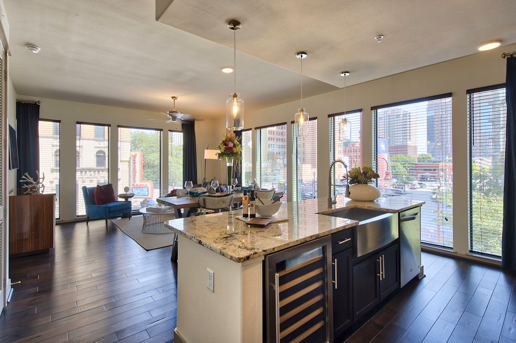 Dining room with elegant lighting and modern decor at 1414 Texas Downtown Apartments in the heart of the city