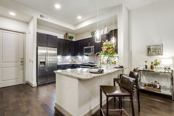 Modern kitchen with stainless steel appliances at 1414 Texas Downtown Apartments Perfect blend of style and functionality in luxury living