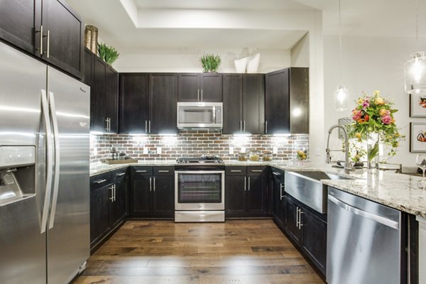 Modern kitchen with stainless steel appliances and granite countertops at 1414 Texas Downtown Apartments, luxury living in central location