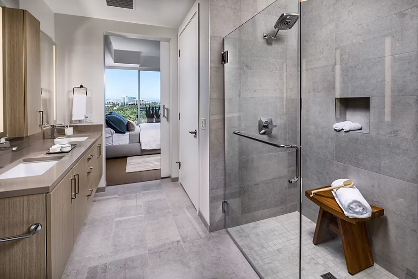 Modern bathroom with sleek fixtures at Palisade at Westfield UTC Apartments