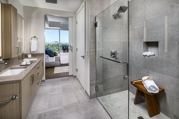 Modern bathroom with sleek fixtures at Palisade at Westfield UTC Apartments
