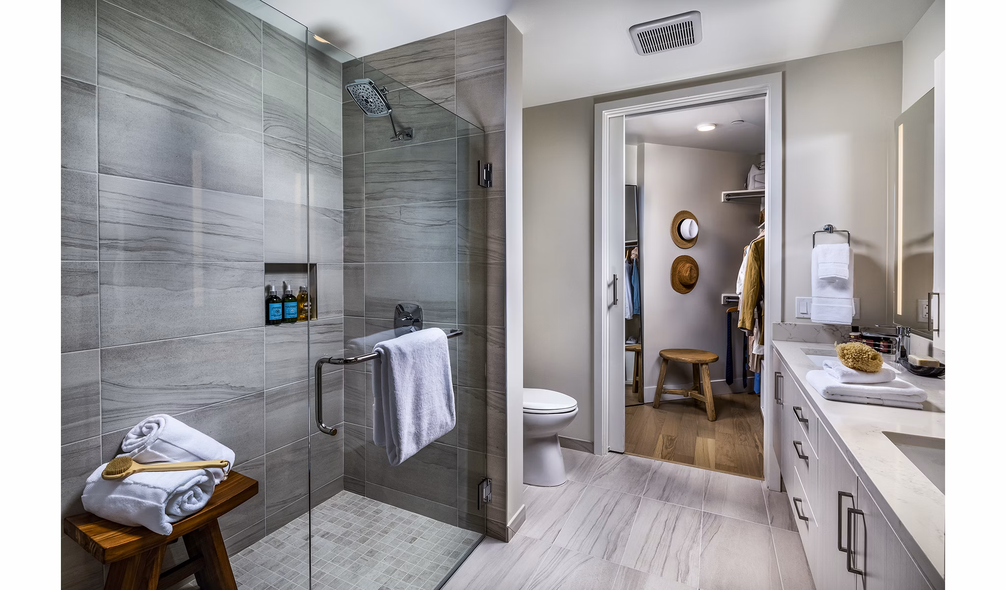 Luxurious bathroom with modern fixtures at Palisade at Westfield UTC Apartments, offering comfort and style in every detail