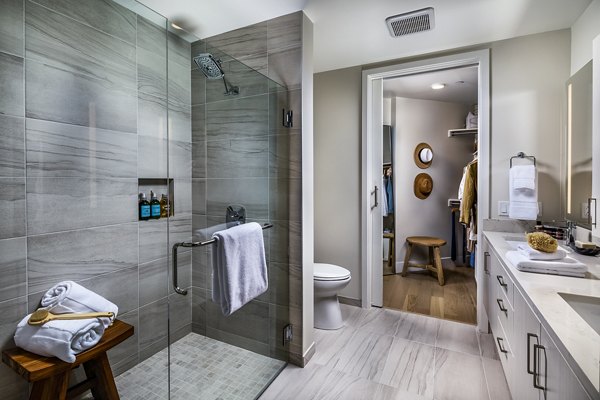 Luxurious bathroom with modern fixtures at Palisade at Westfield UTC Apartments, offering comfort and style in every detail