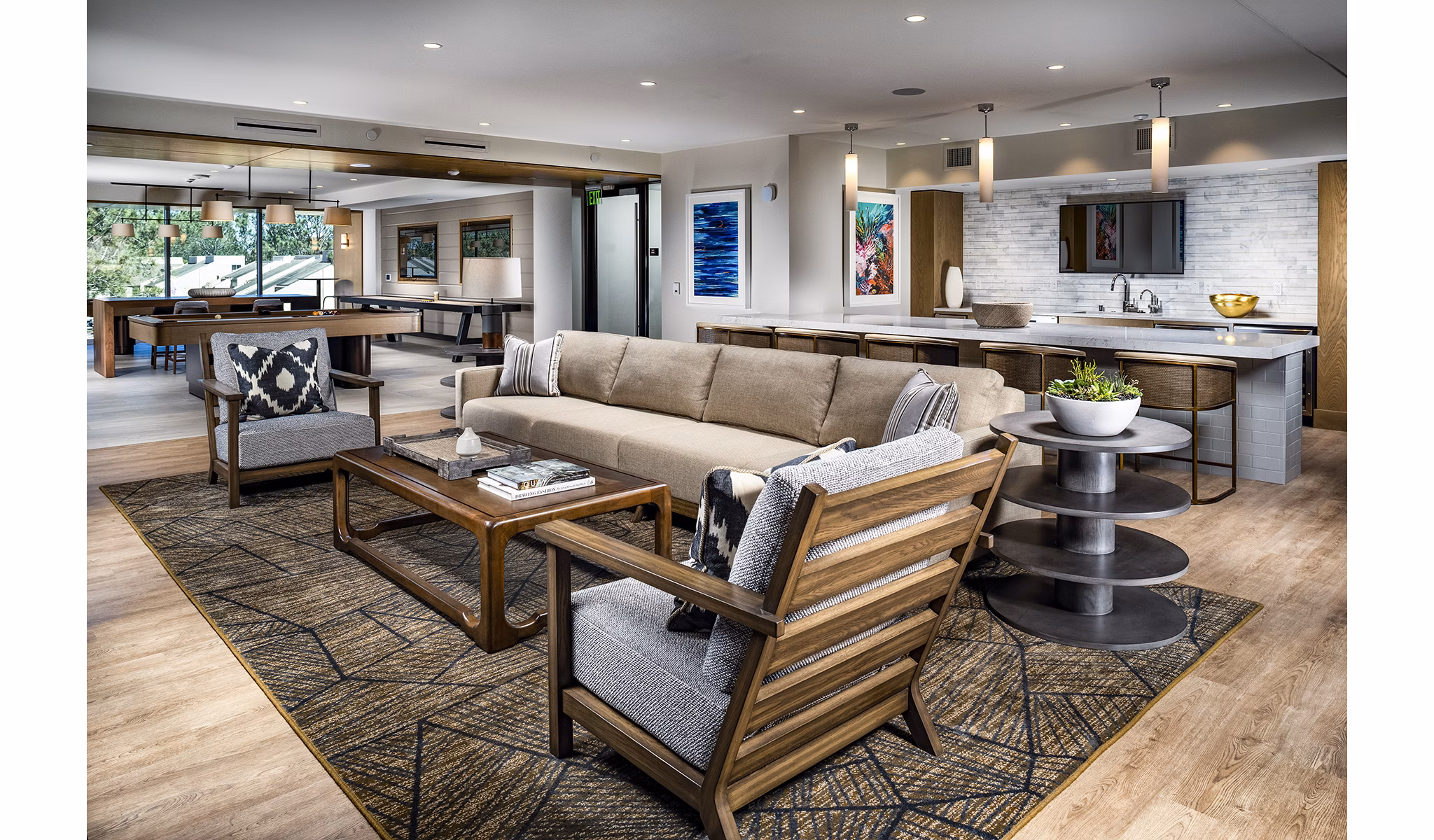 Clubhouse featuring modern decor and entertainment areas at Palisade at Westfield UTC Apartments