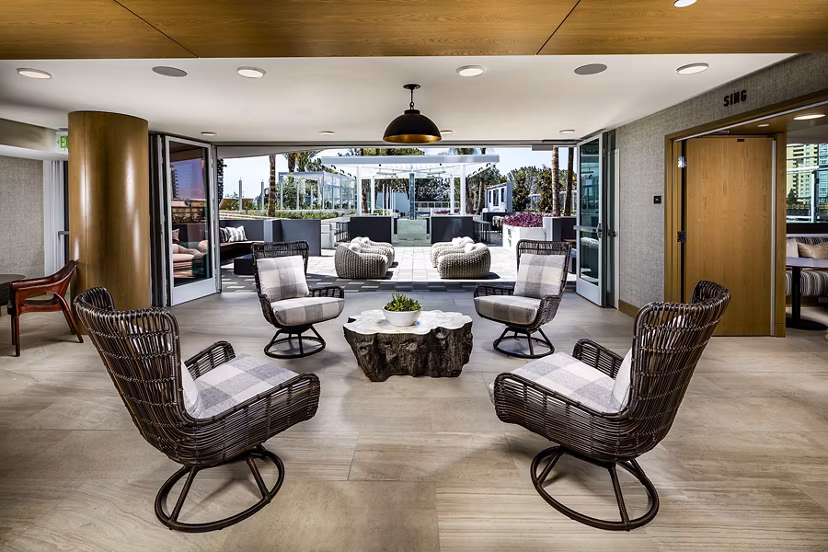 Elegant clubhouse with modern design at Palisade at Westfield UTC Apartments, San Diego