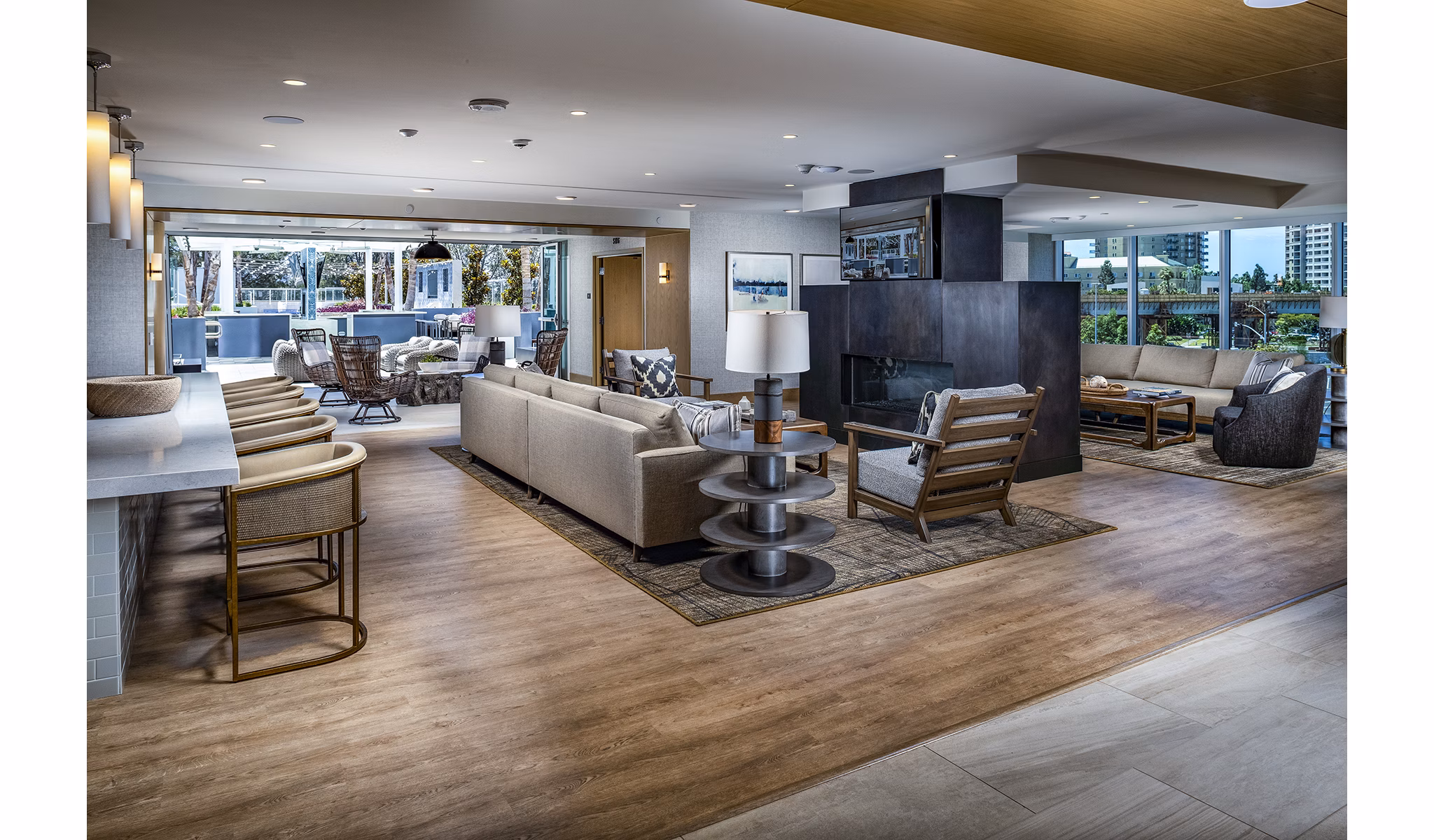 Modern clubhouse with stylish seating and communal space at Palisade at Westfield UTC Apartments, perfect for social gatherings and relaxation