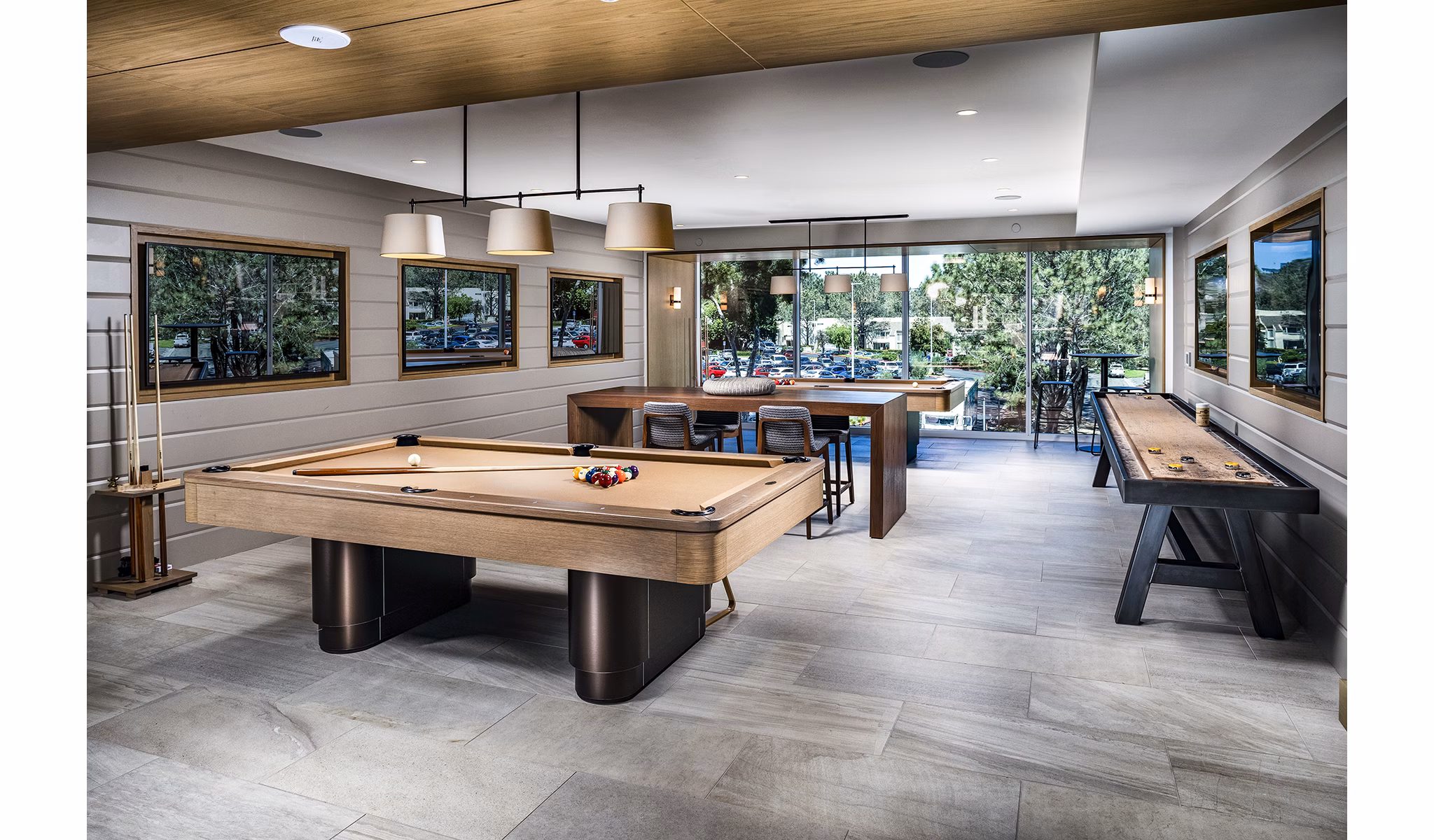 Game room with billiards and large screen TV at Palisade at Westfield UTC luxury apartments