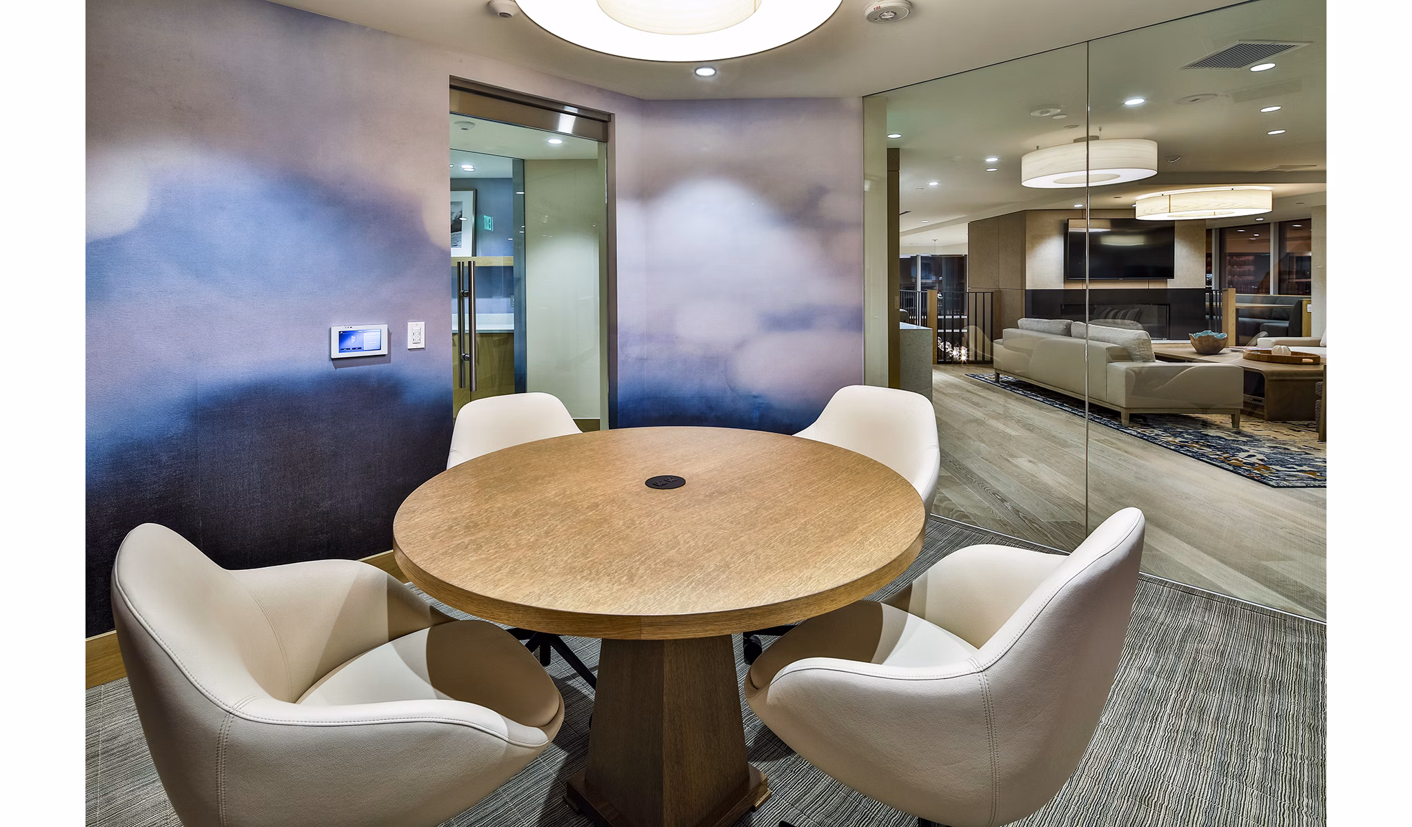 Modern meeting facility with sleek design at Palisade at Westfield UTC Apartments, ideal for hosting gatherings and productive sessions