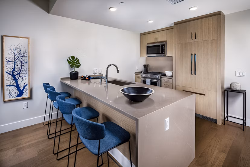 Modern kitchen with stainless steel appliances and white cabinetry in Palisade at Westfield UTC Apartments
