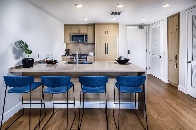 Modern kitchen with stainless steel appliances in Palisade at Westfield UTC Apartments