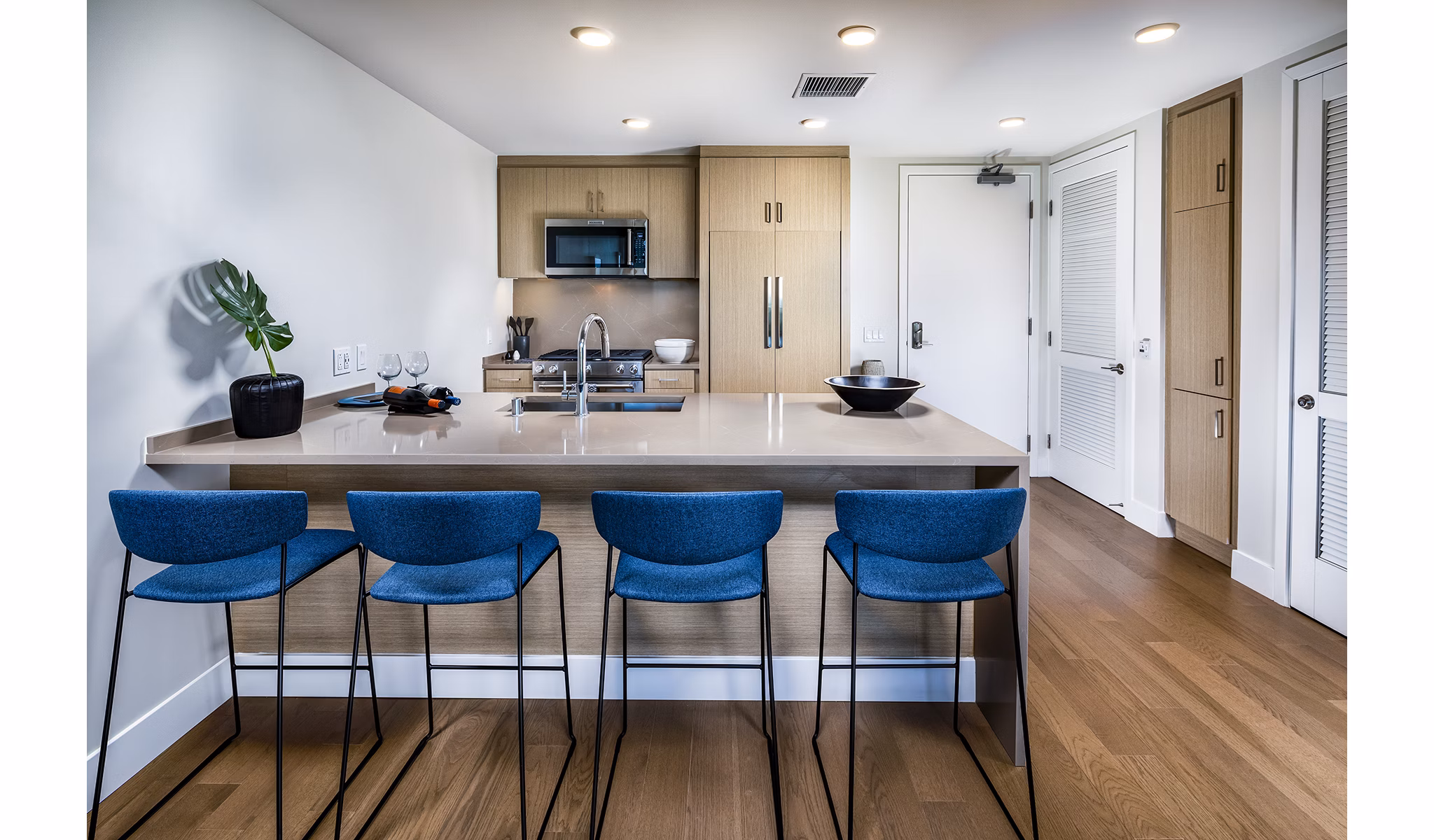 Modern kitchen with stainless steel appliances in Palisade at Westfield UTC Apartments