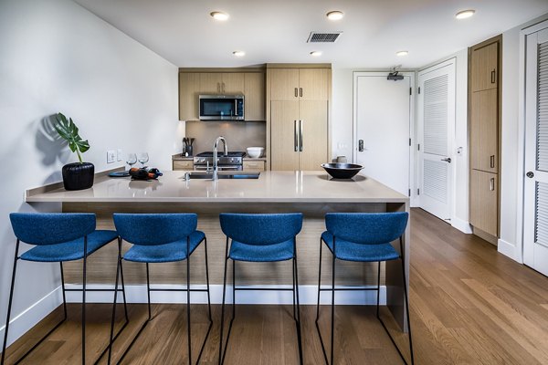 Modern kitchen with stainless steel appliances in Palisade at Westfield UTC Apartments