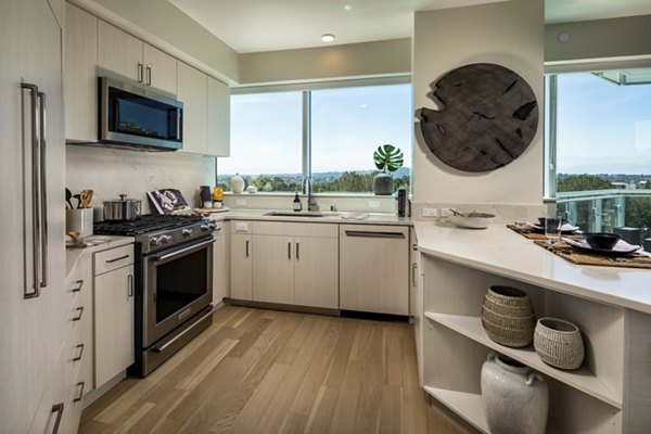 Modern kitchen with stainless steel appliances at Palisade at Westfield UTC Apartments
