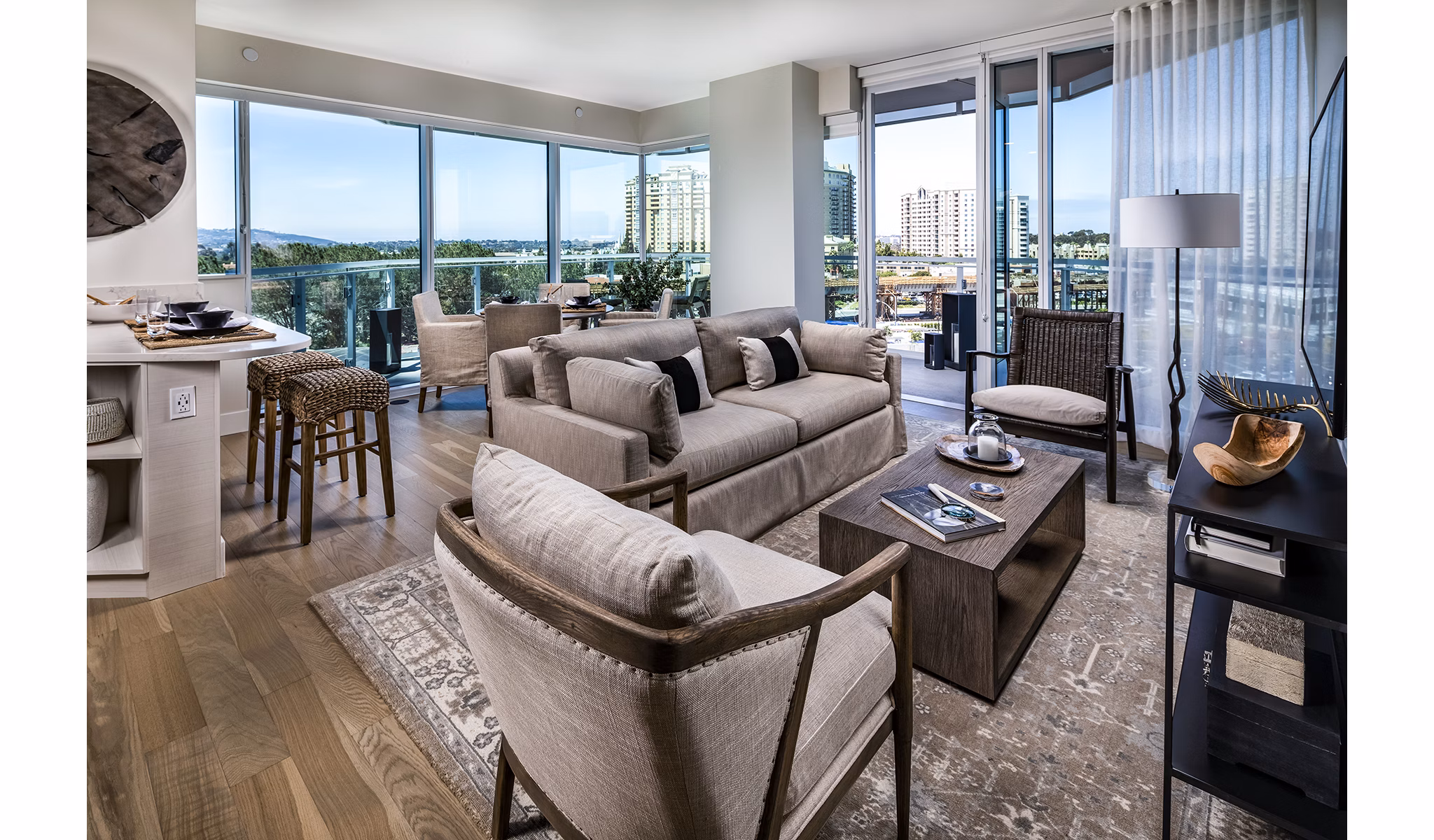 Spacious living room with modern furnishings in Palisade at Westfield UTC Apartments