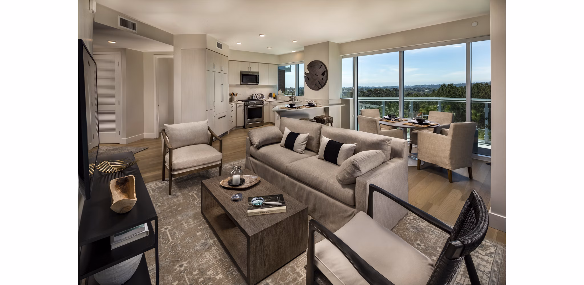 Spacious living room with modern furnishings at Palisade at Westfield UTC Apartments, offering luxury living in San Diego