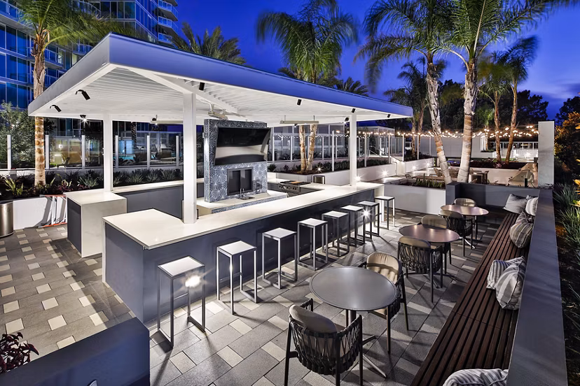 Palisade at Westfield UTC: Elegant patio with modern seating for luxury apartment living
