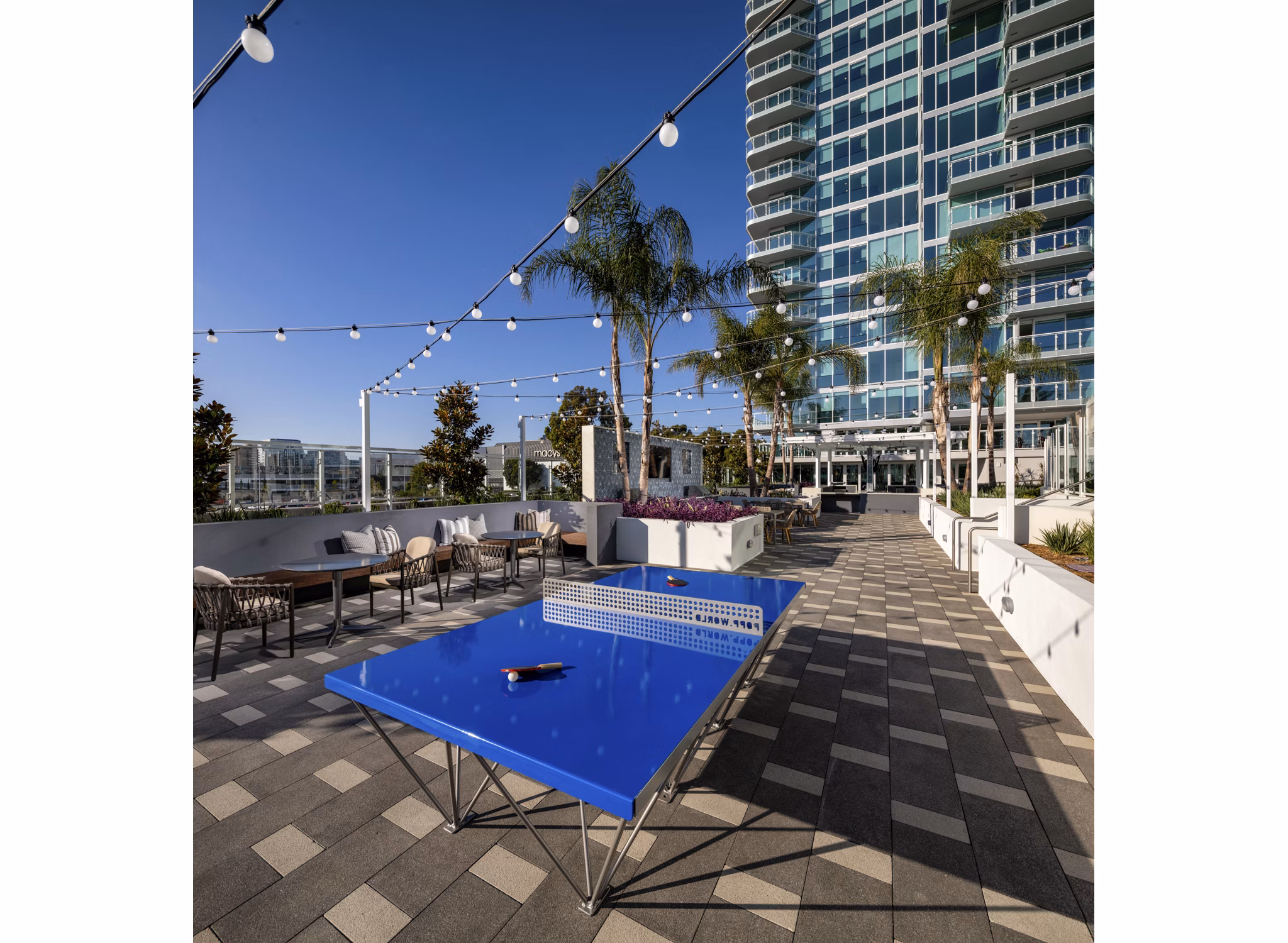 Patio with stylish outdoor seating at Palisade at Westfield UTC Apartments