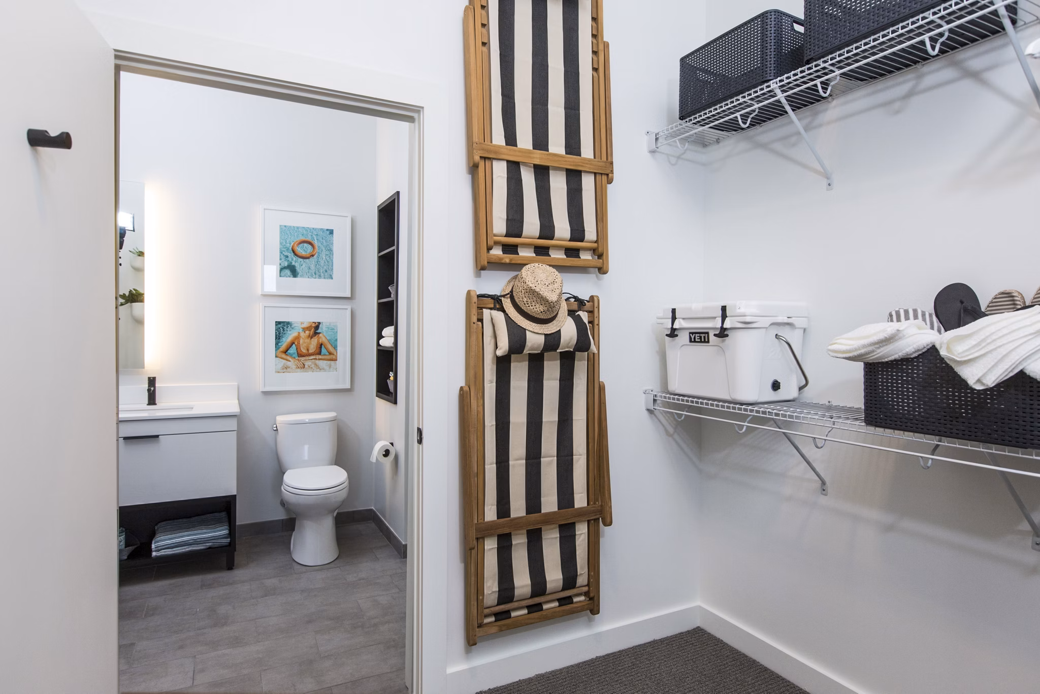 Walk-in closet and modern bathroom at 500 Ocean Ave Apartments, featuring luxury finishes in a serene living space
