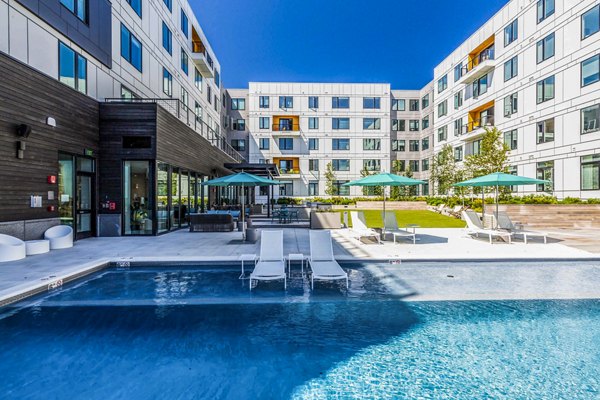 Modern rooftop pool with ocean views at 500 Ocean Ave Apartments, a luxury Greystar community