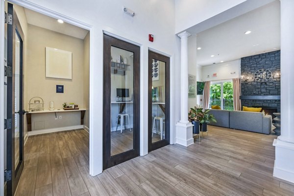Modern business center featuring computer workstations at Poplar Glen