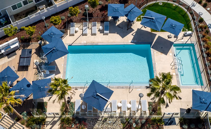 Outdoor pool with lounge chairs at Admirals Cove Apartments offering luxury swimming facilities and relaxation area