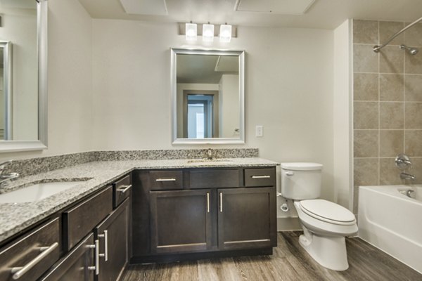 Modern bathroom with sleek fixtures and marble countertops at The Grayson Apartments