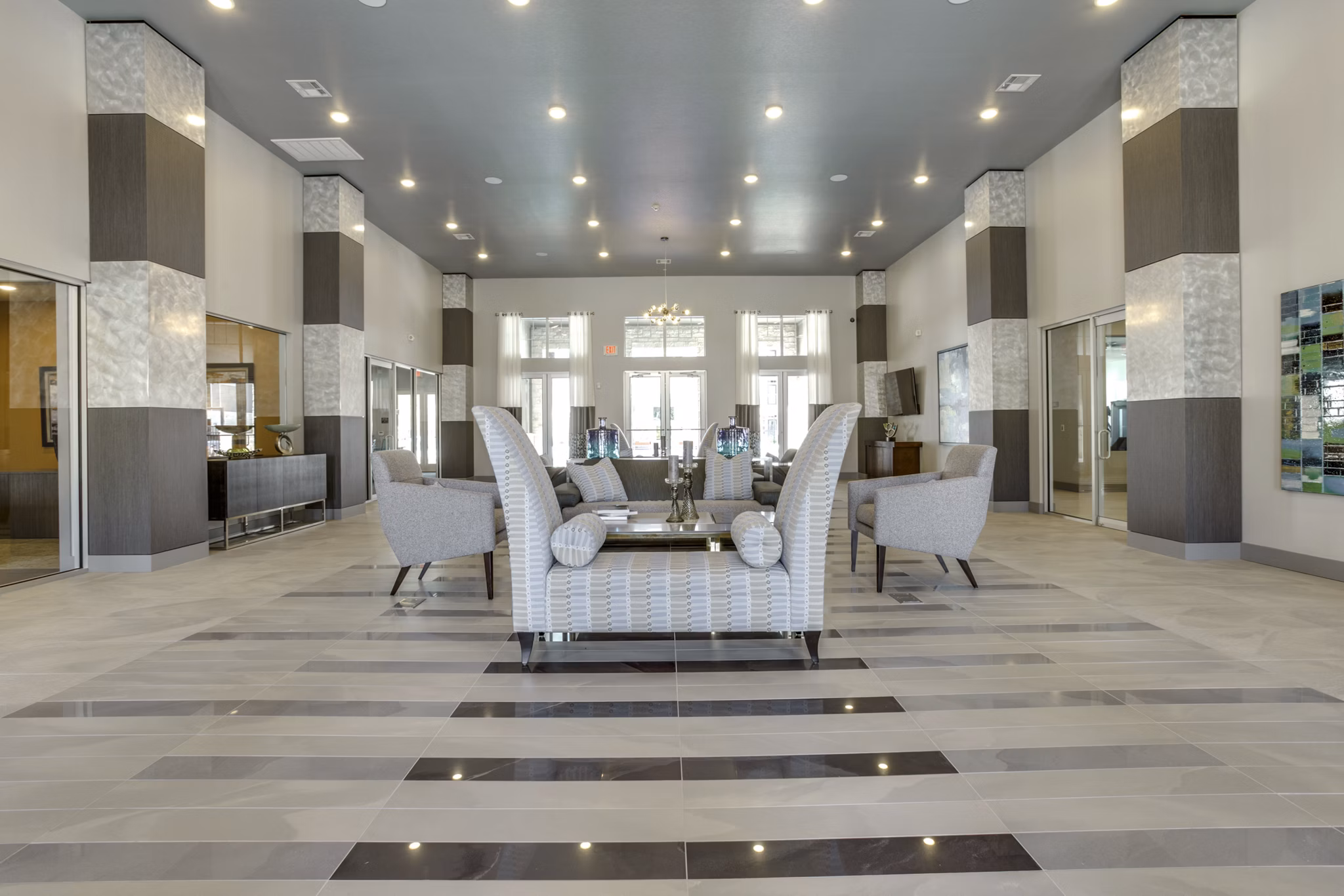 Elegant clubhouse with chic interiors at The Grayson Apartments, perfect for social gatherings and relaxation