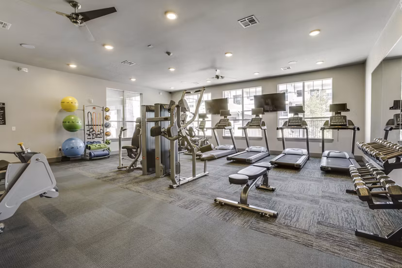 Modern fitness center with state-of-the-art equipment at The Grayson Apartments