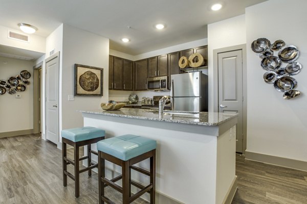 Modern kitchen featuring stainless steel appliances and quartz countertops at The Grayson Apartments
