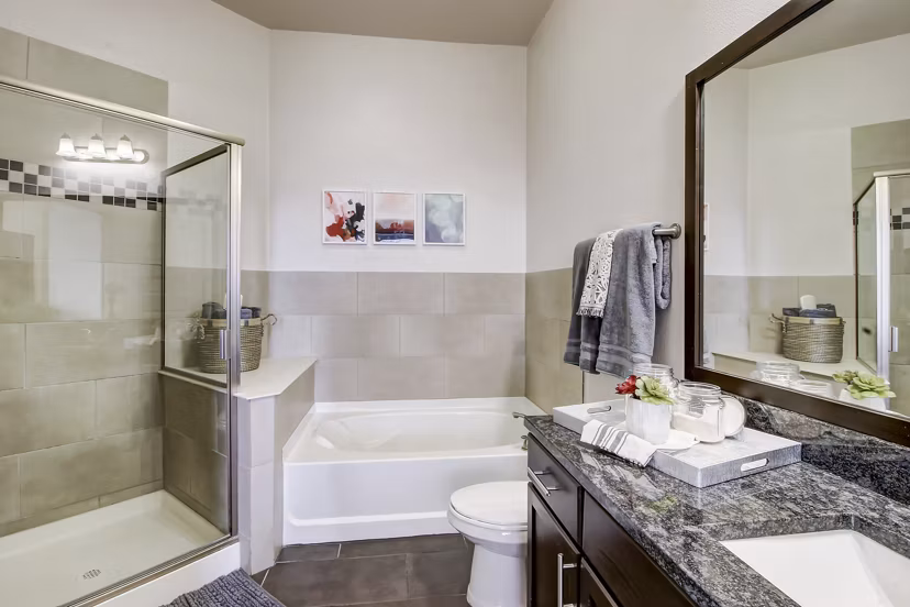 Elegant bathroom with modern fixtures at Mason at Alameda Station Apartments