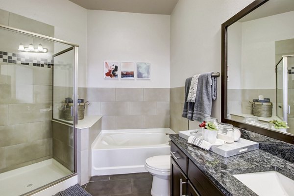 Elegant bathroom with modern fixtures at Mason at Alameda Station Apartments