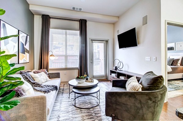 Contemporary living room with modern decor at Mason at Alameda Station Apartments