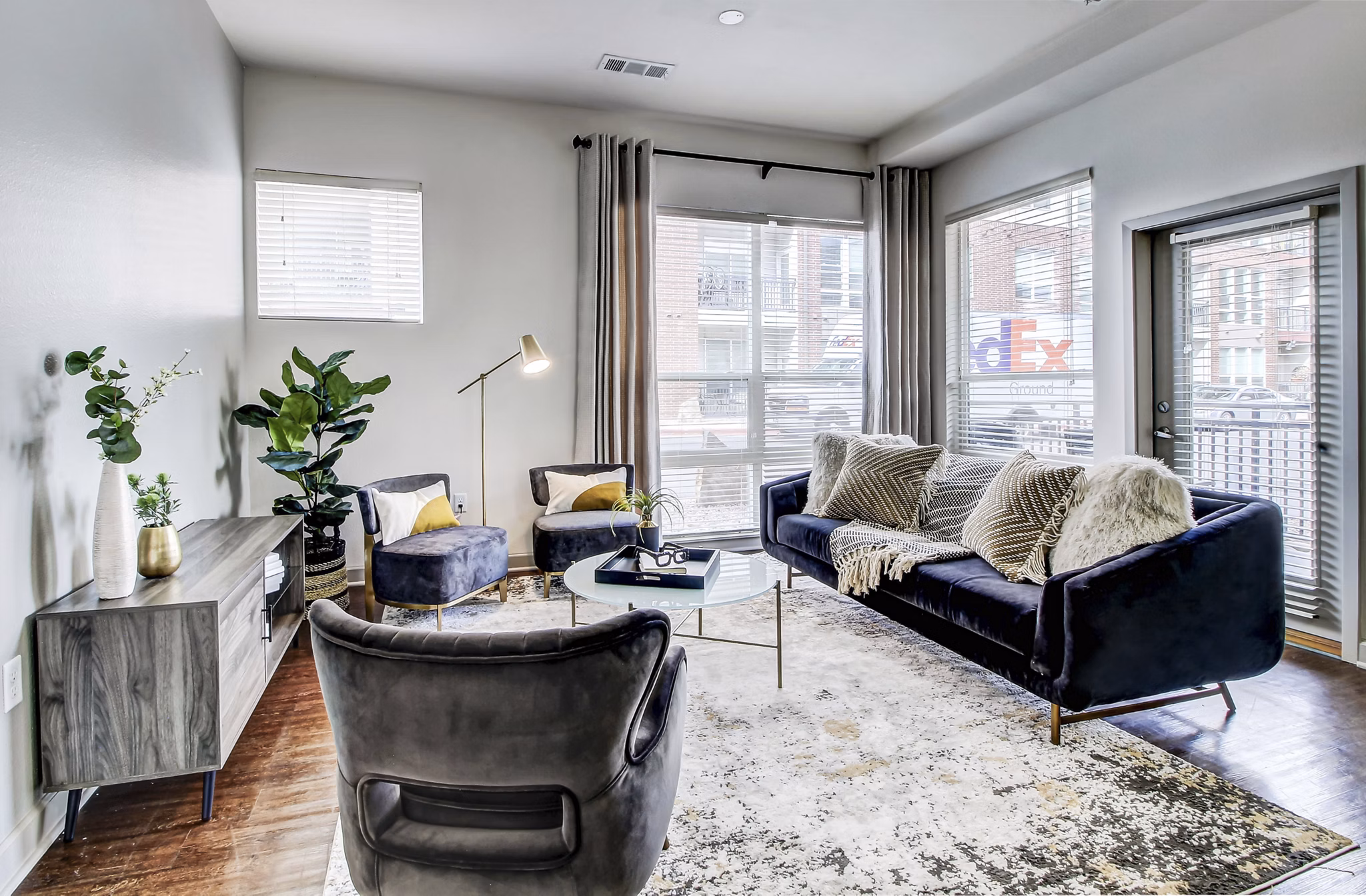Spacious living room with modern decor at Mason at Alameda Station Apartments
