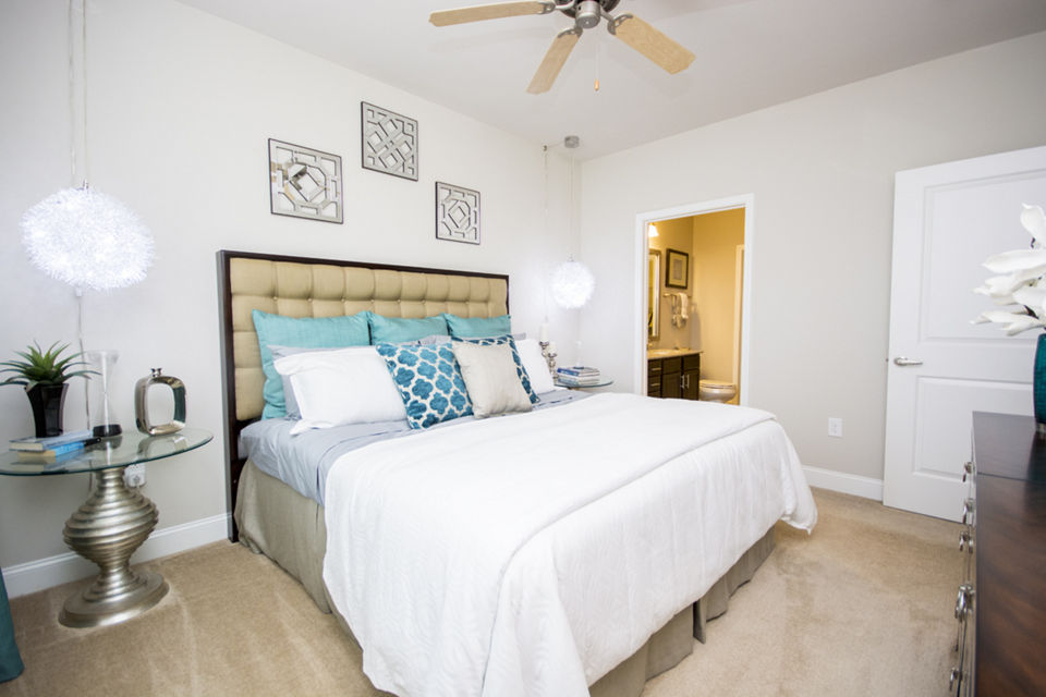 Bedroom with stylish decor and large windows at Tryon Place Apartments Luxury living experience in a well-designed Greystar community