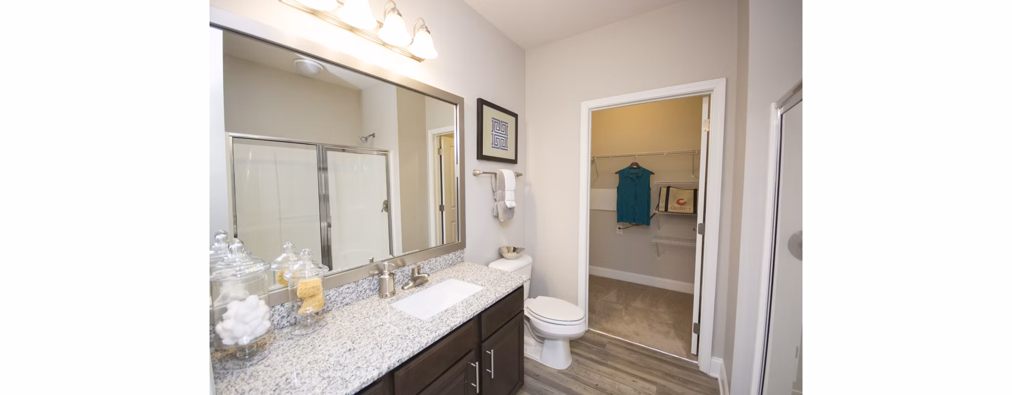 Elegant bathroom featuring modern fixtures at Tryon Place Apartments, a luxurious housing option by Greystar