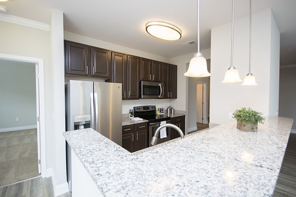 Modern kitchen with stainless steel appliances in Tryon Place Apartments