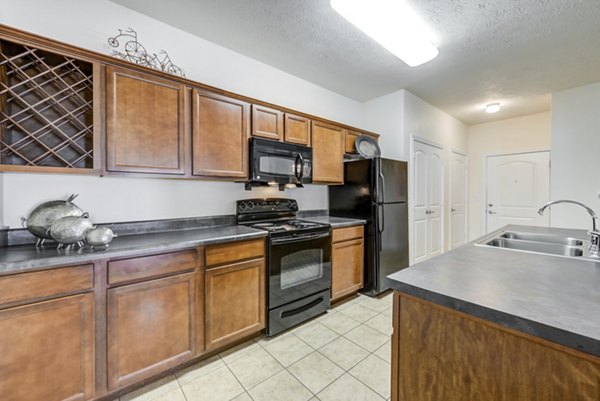 Modern kitchen with stainless steel appliances at Copper Chase at Stones Crossing Apartments