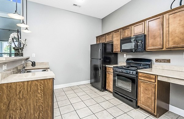 Modern kitchen with granite countertops and stainless steel appliances in Copper Chase at Stones Crossing Apartments