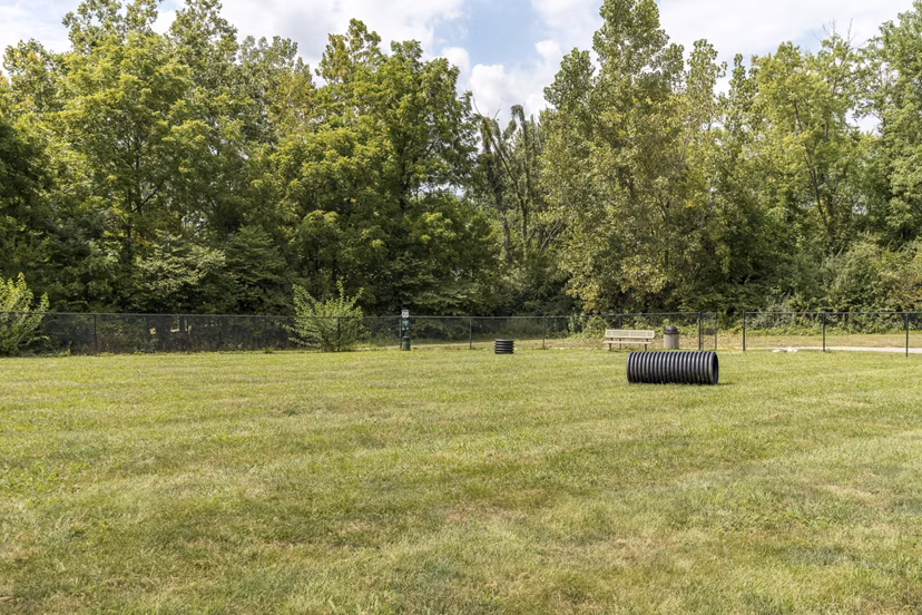 Dog park at Copper Chase at Stones Crossing Apartments featuring agility equipment and green spaces for pets to enjoy