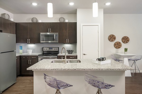 Sleek kitchen with modern appliances and granite countertops at The Upton at Longhorn Quarry Apartments