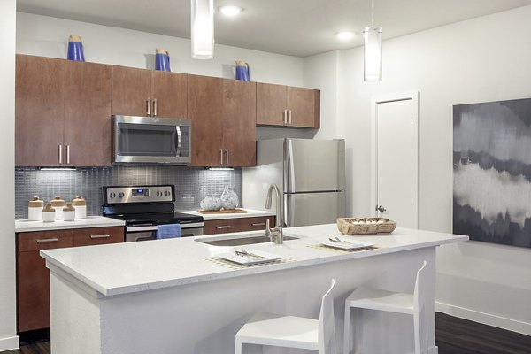 Modern kitchen with sleek cabinetry and stainless appliances in The Upton at Longhorn Quarry Apartments