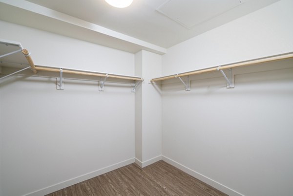 Walk-in closet with ample storage in a bedroom at Linea Apartments, a luxury property offering modern amenities and spacious interiors