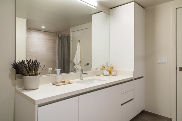 Modern bathroom with sleek fixtures at Linea Apartments, Greystar luxury community in a vibrant urban setting