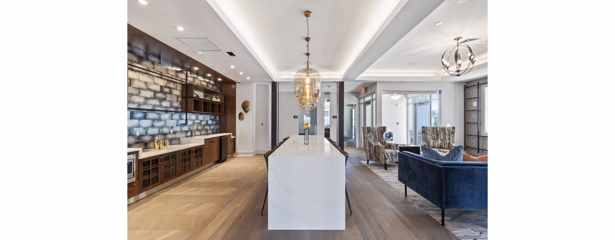 Clubhouse with modern design elements at The Cornerstone Hauppauge Apartments