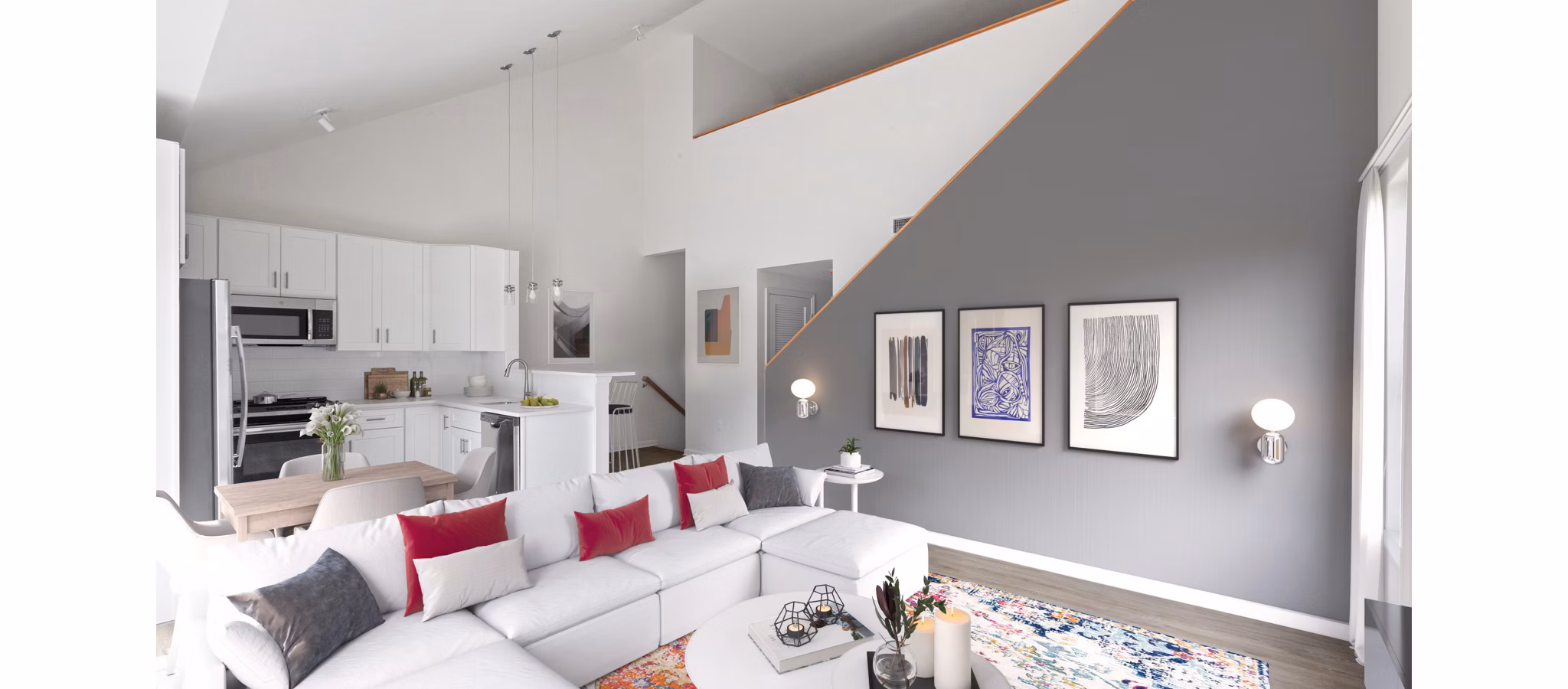 Spacious living room with modern furnishings in The Cornerstone Hauppauge Apartments