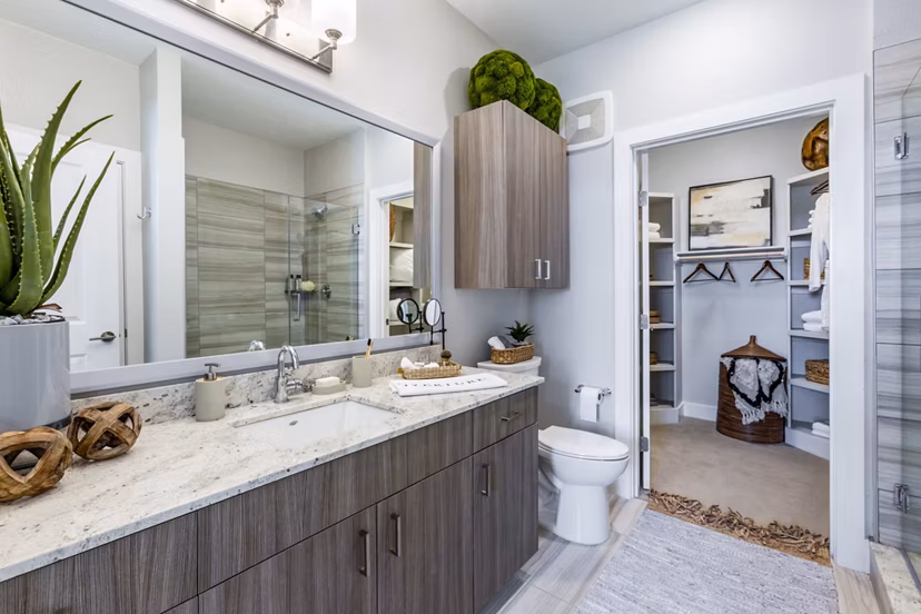Modern bathroom with sleek fixtures at Overture Albuquerque Apartments, a premier Greystar luxury community