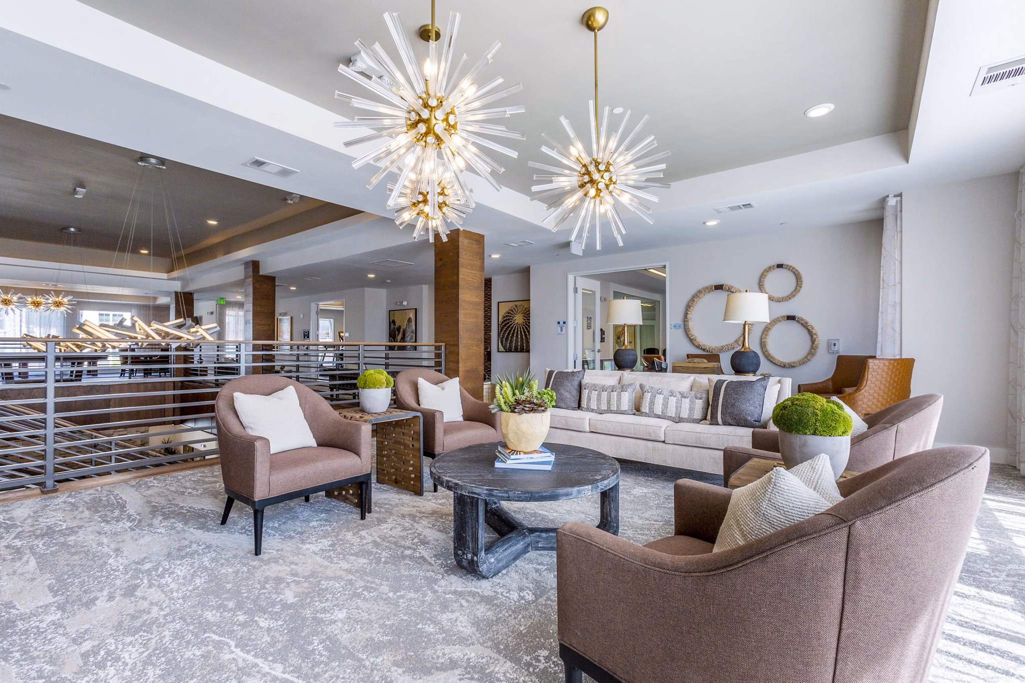 Modern clubhouse lobby with stylish seating area at Overture Albuquerque Apartments, a luxury Greystar property in New Mexico
