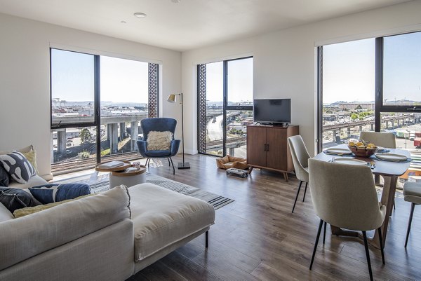 Modern kitchen with stainless steel appliances at The Union Apartments