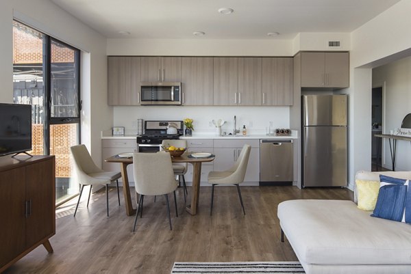 Spacious living room with modern decor at The Union Apartments