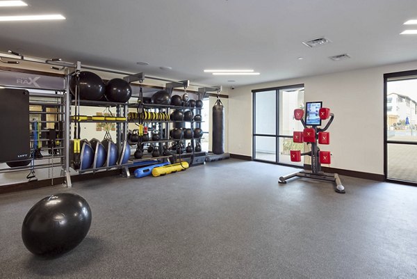 Fitness center with modern exercise equipment, including stability balls and a punching bag